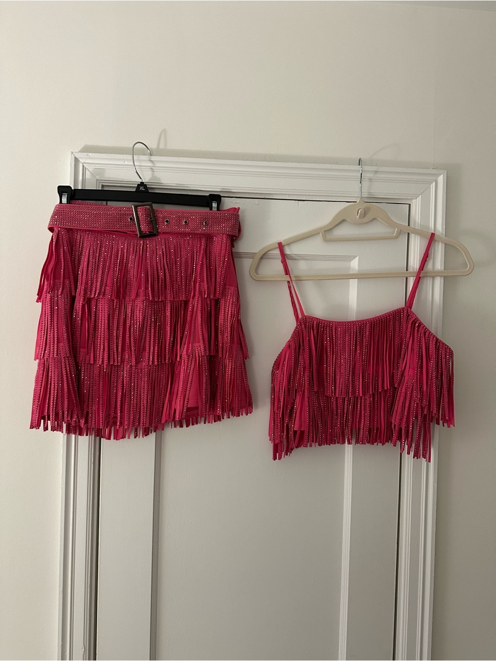 Fringe Mini Skirt and Crop Top Set - Hot Pink